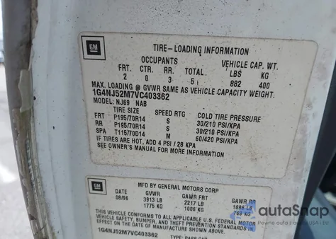 1997 Buick Skylark Gran Sport/Custom/Limited из США, поврежденный, VIN 1G4NJ52M7VC403362